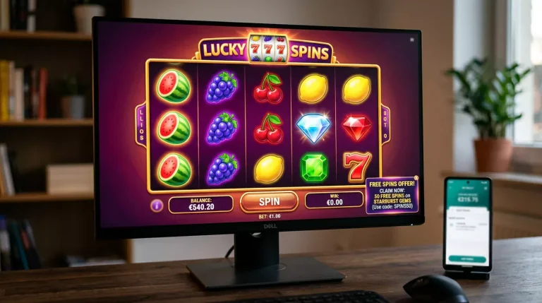 Online slot reels spinning beside a UK casino free spins offer panel with Payz wallet shown as eligible payment method