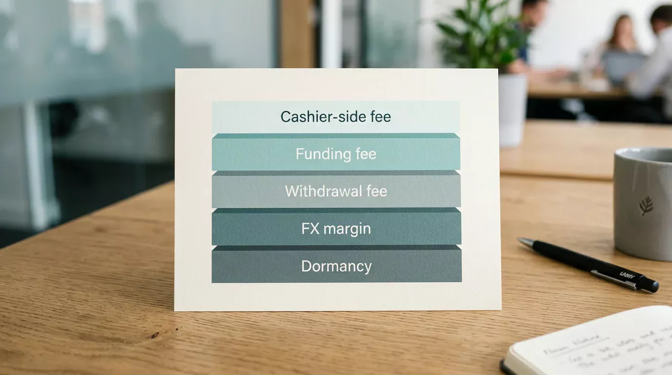 Five-layer cost stack on a Payz casino transaction from cashier through wallet