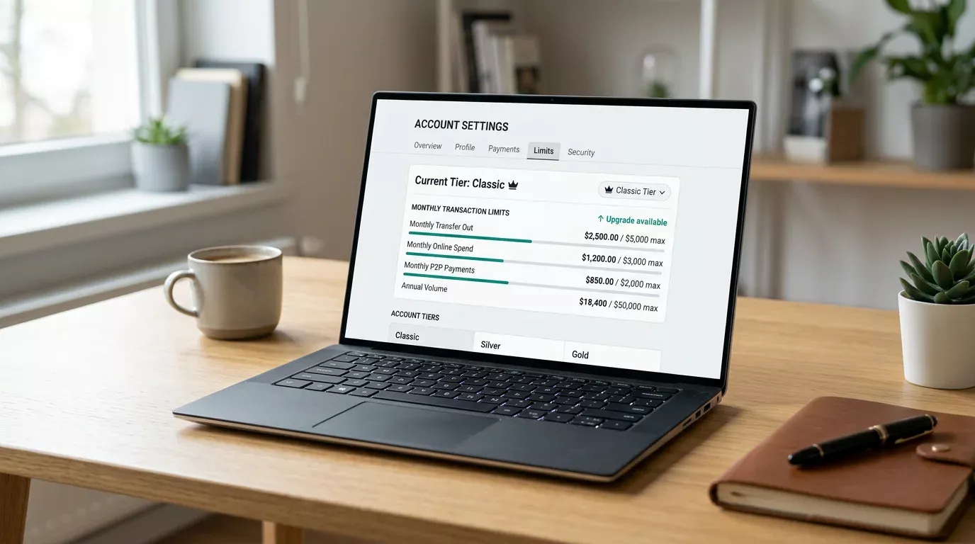 Payz wallet account settings panel showing Classic tier details and monthly transaction limits visible on a laptop