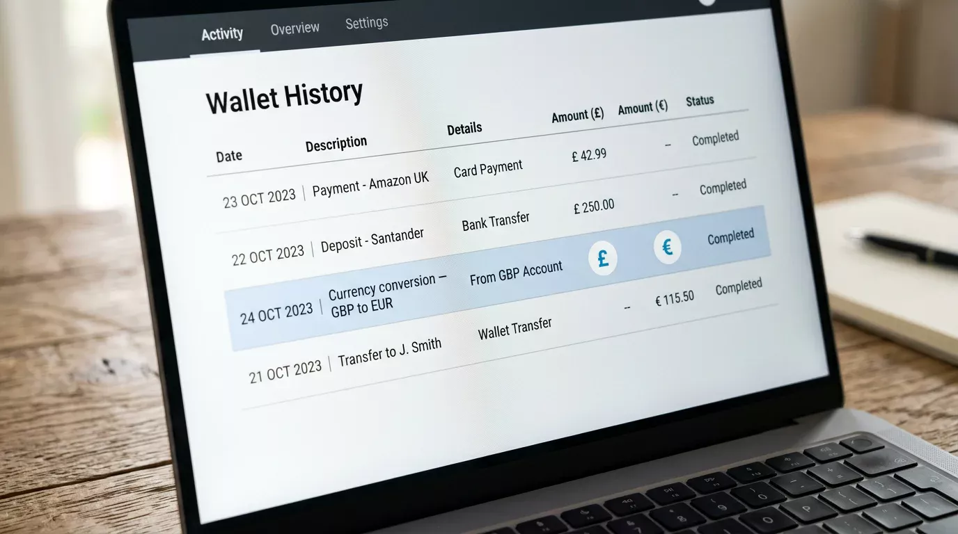 Close-up of a laptop screen showing a Payz wallet transaction history with GBP to EUR conversion entries highlighted on a wooden desk