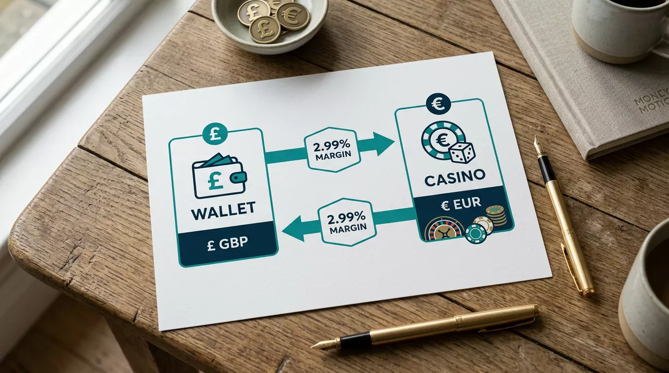 GBP and EUR currency conversion path showing where the Payz 2.99% margin applies