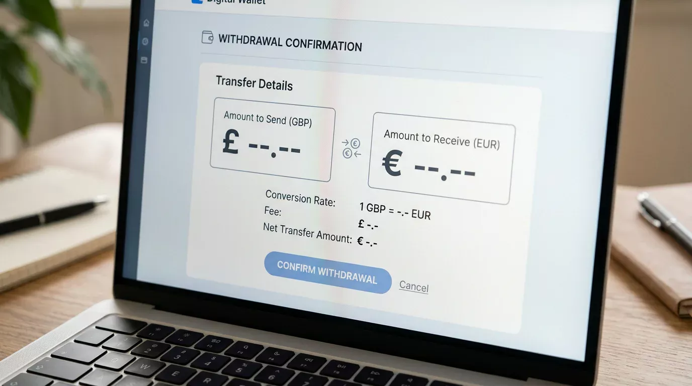 Laptop showing a Payz wallet inbound transaction in EUR converting to a GBP balance during a casino withdrawal