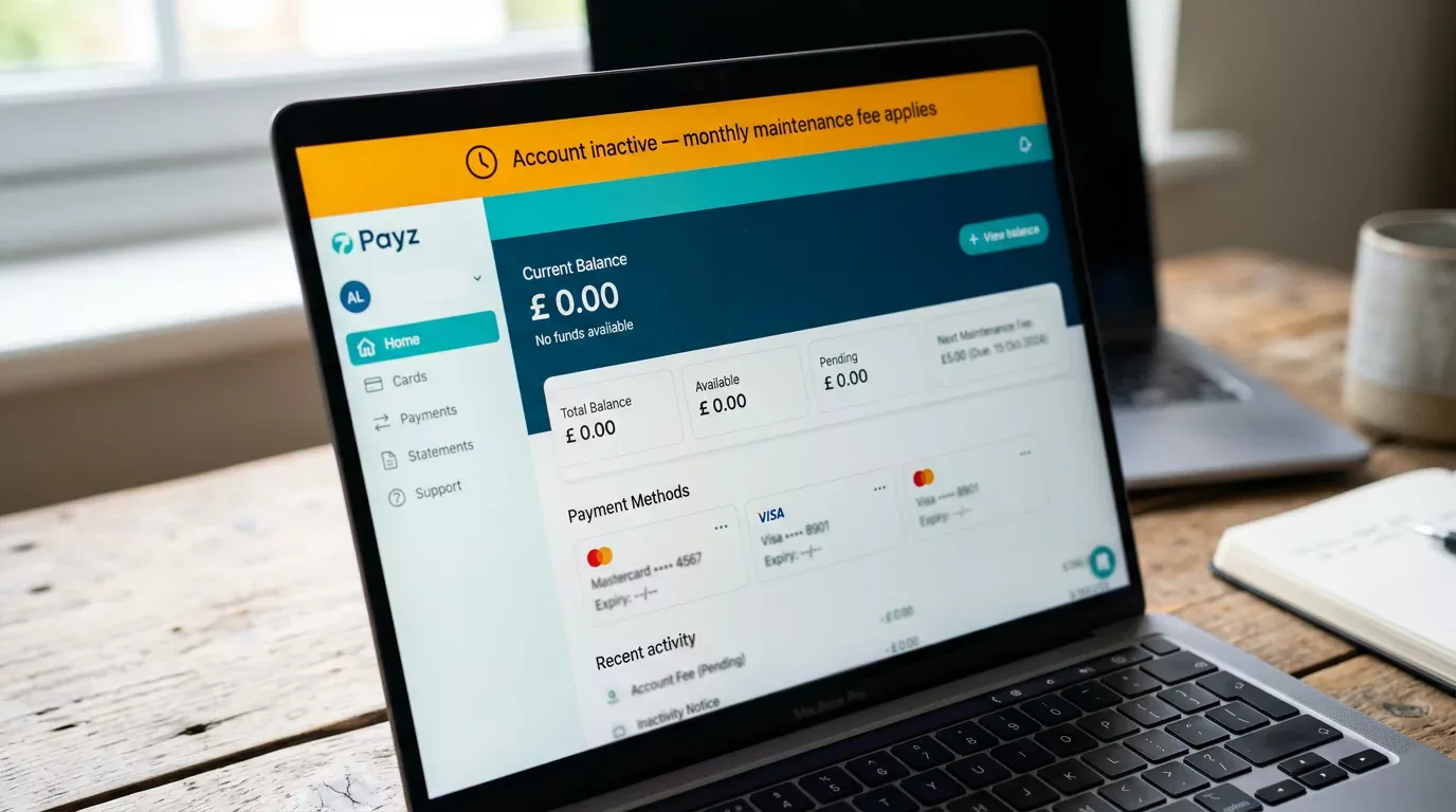 Inactive Payz wallet showing dormancy maintenance notice on the account dashboard