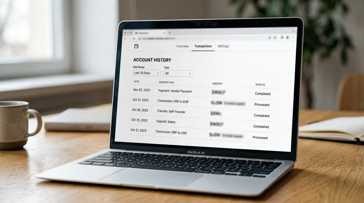 Laptop screen showing a Payz wallet FX transaction history with conversion rates listed for the past month