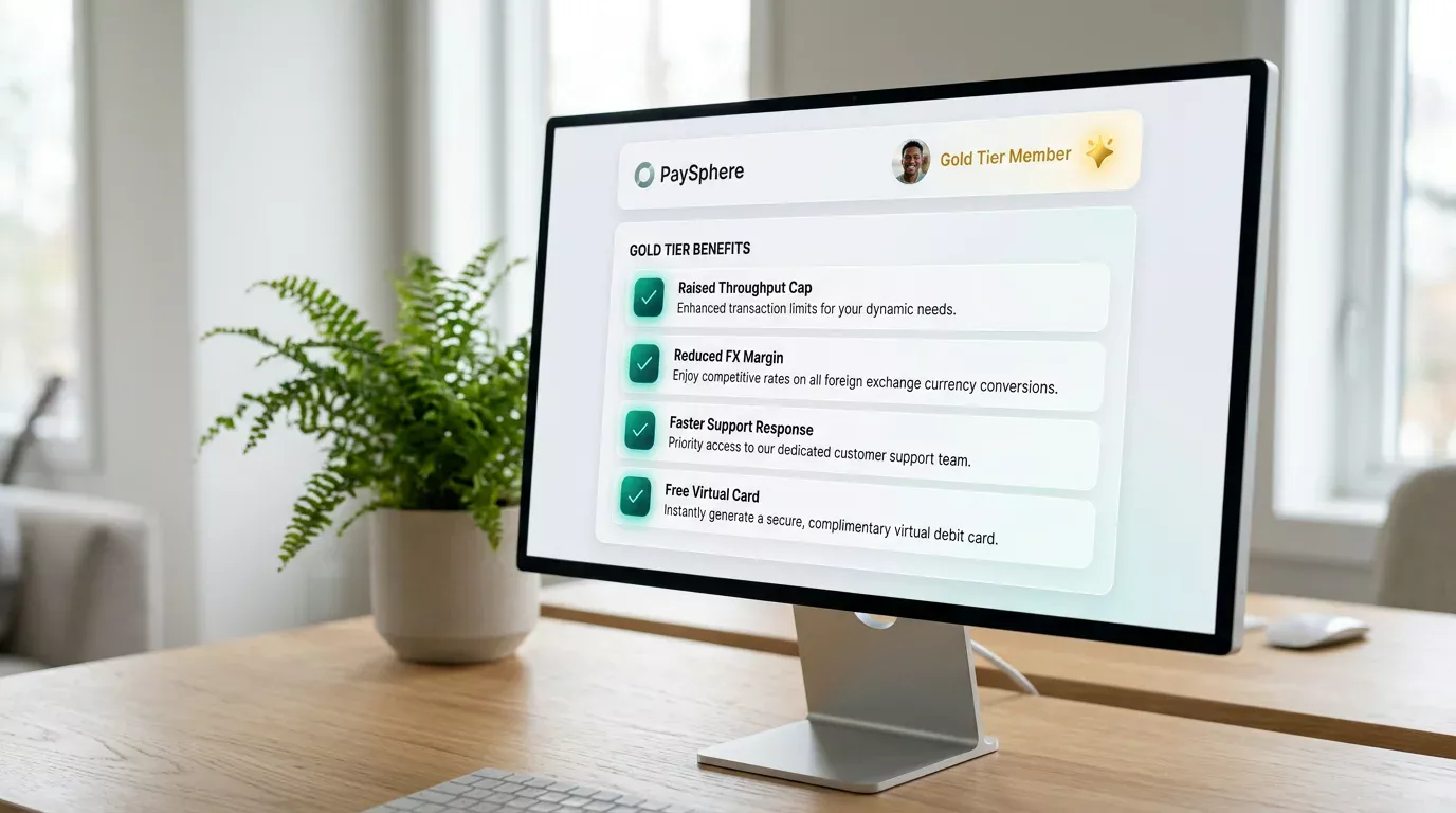 Payz wallet interface highlighting Gold tier benefits including raised throughput caps and reduced FX margin