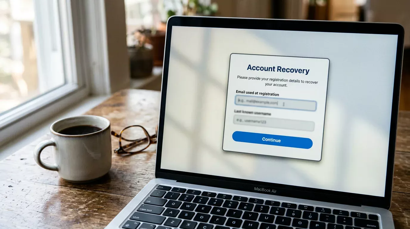 Laptop displaying a Payz account recovery and login screen with an email address field on a wooden desk
