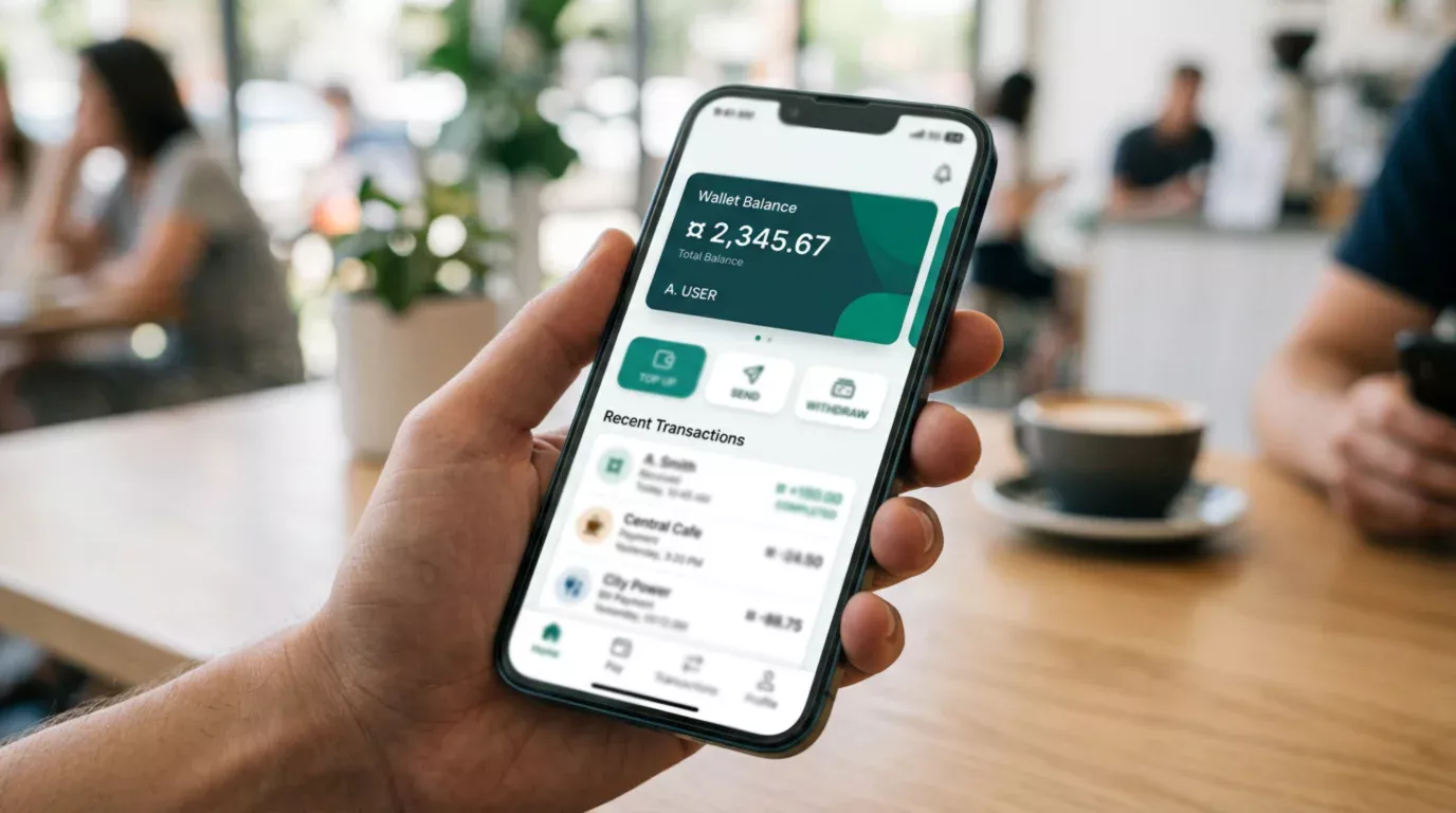 Payz wallet mobile app home screen showing balance, transaction list and quick action buttons for top-up and send