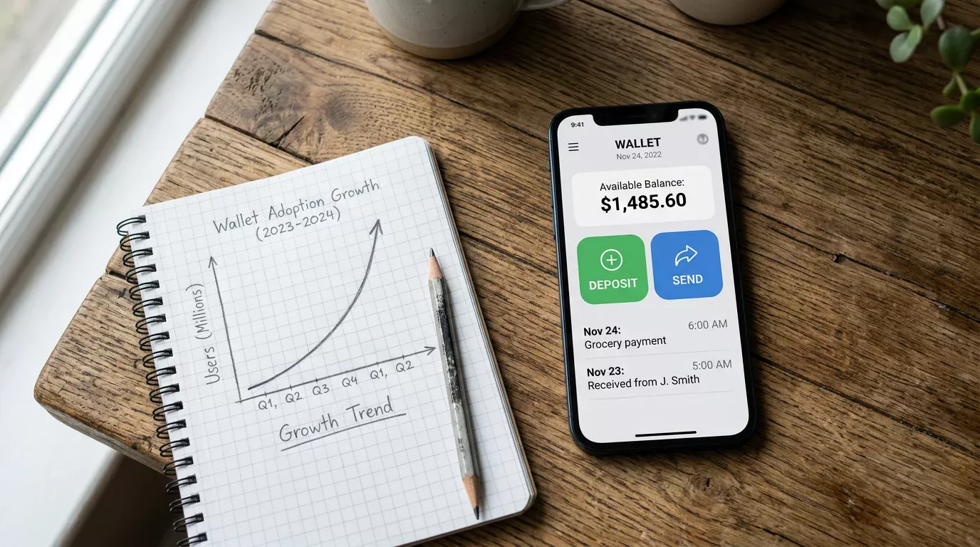 Smartphone showing a mobile wallet home screen against a soft neutral background reflecting UK mobile wallet adoption