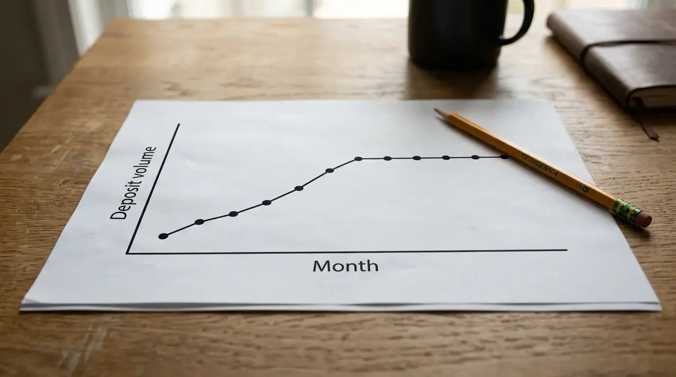 Tablet displaying a graph of monthly deposit pattern at a UK casino with cumulative totals crossing a marked threshold line