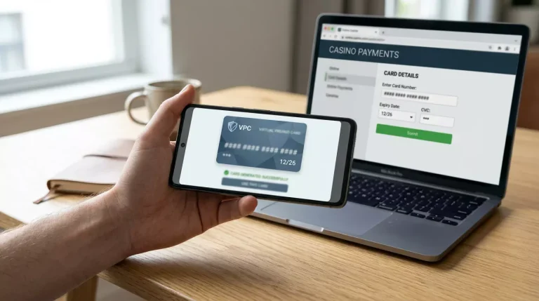 Smartphone displaying a freshly generated ecoVirtualcard from the Payz wallet ready to be entered at a UK casino cashier
