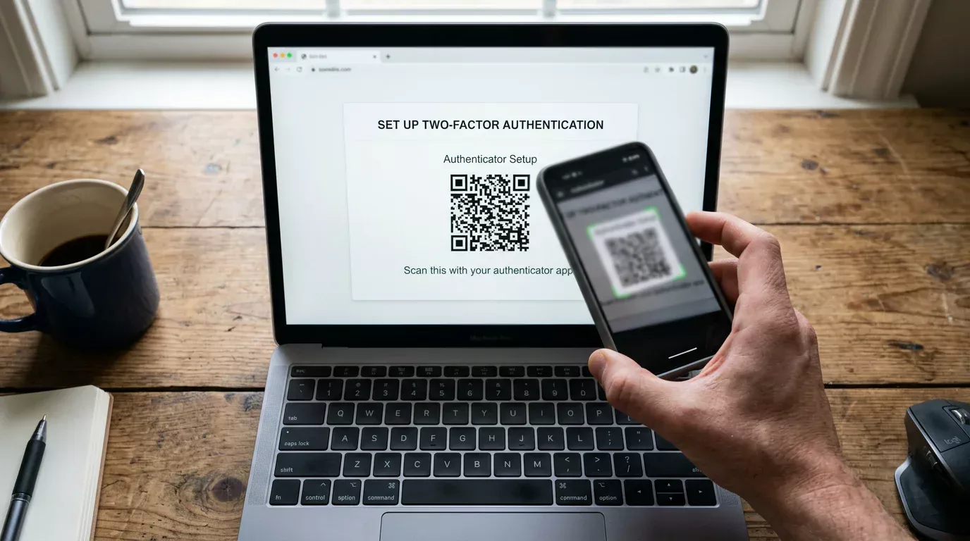 Smartphone scanning a two-factor authentication QR code on a laptop display during account security setup