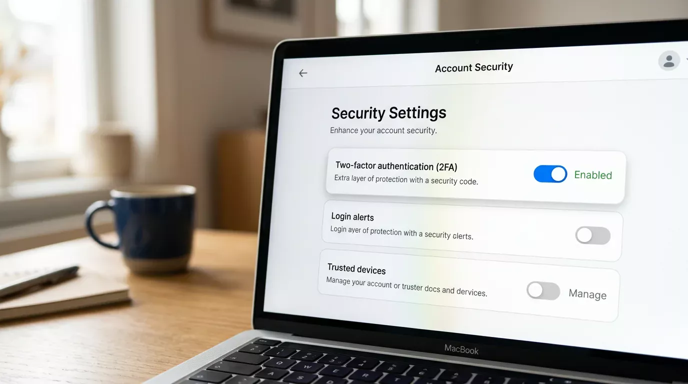 Laptop screen showing the security settings panel inside a Payz wallet account with two-factor authentication options listed