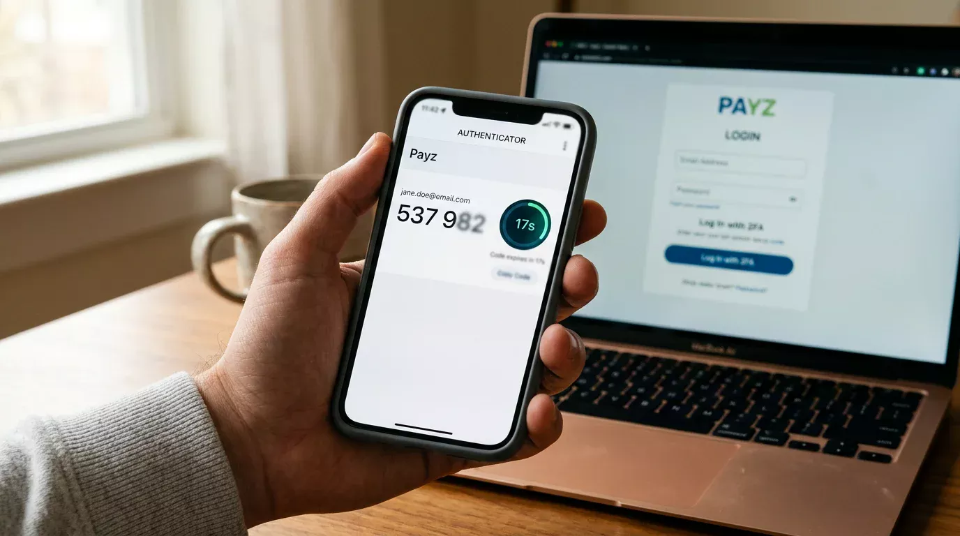 Phone showing a 2FA authenticator code protecting a Payz casino login session