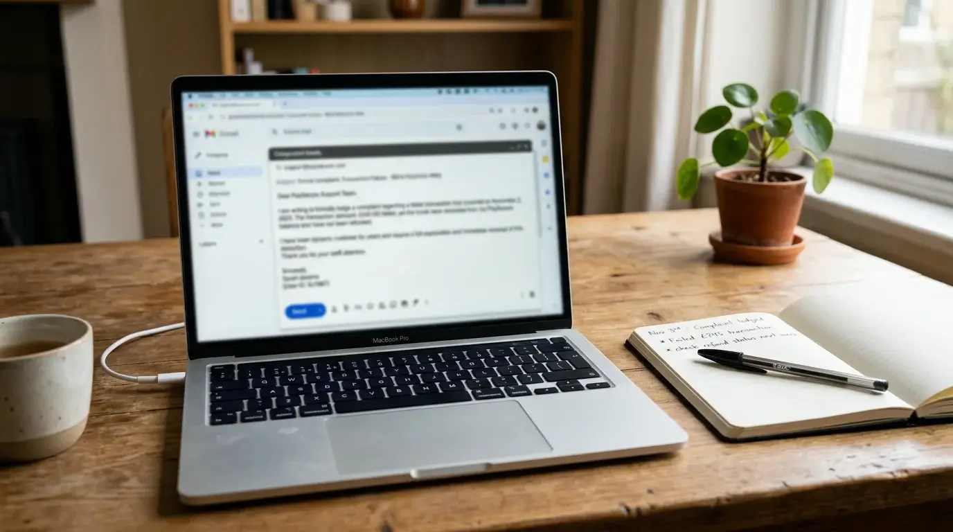 Laptop screen displaying a draft formal complaint email to an e-wallet support team, with a structured subject line and reference number visible