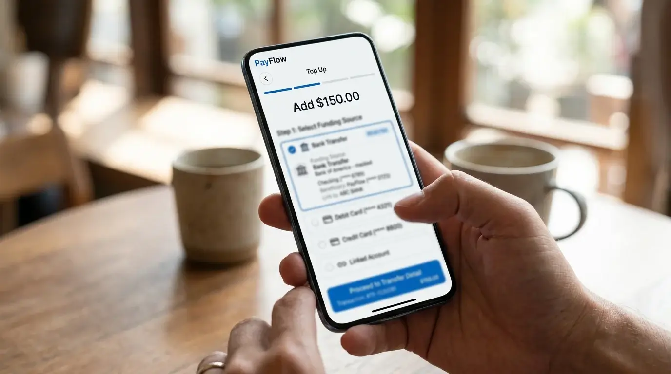Smartphone screen showing an e-wallet top-up flow with bank transfer selected as the funding source