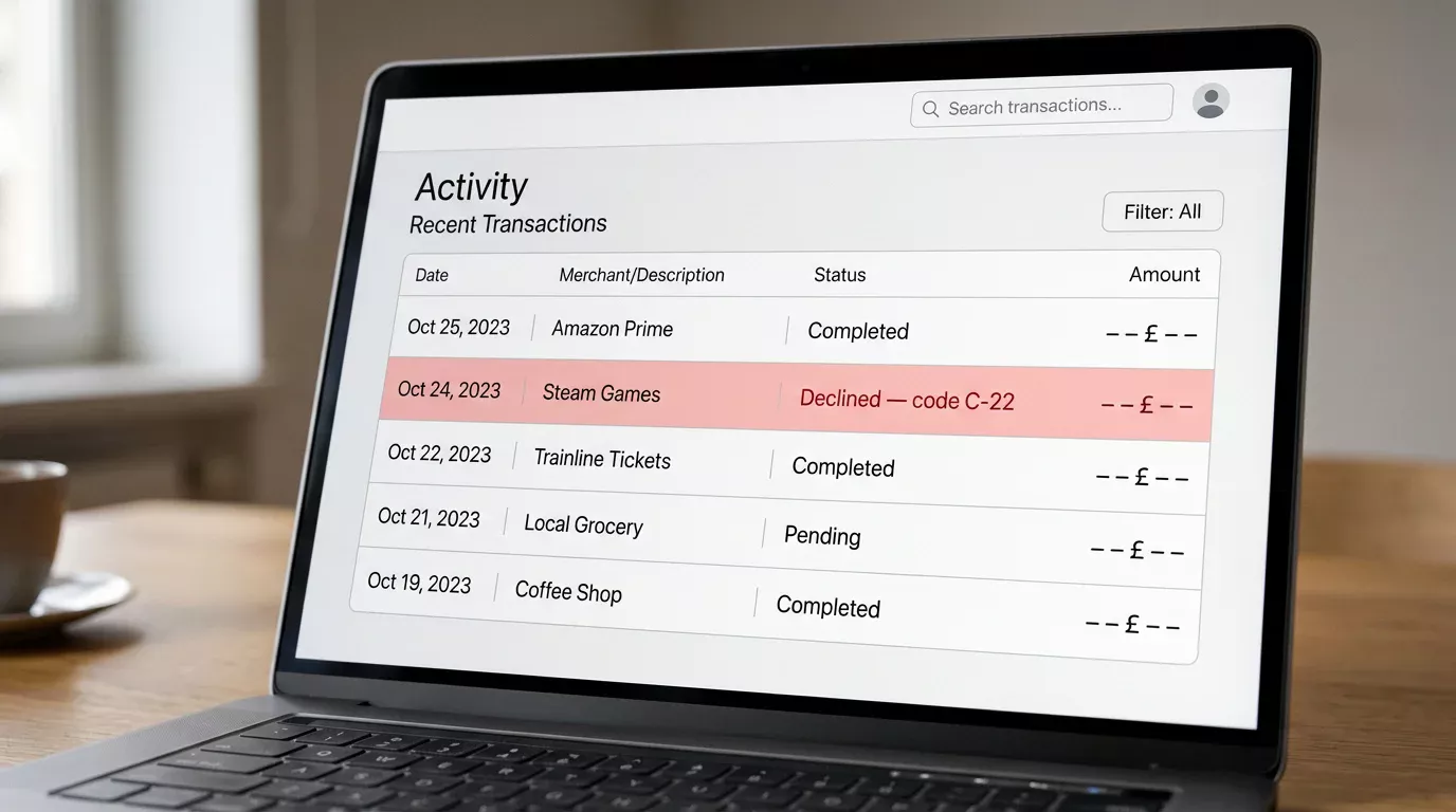 Smartphone displaying a Payz wallet transaction history with a declined entry timestamped to a recent cashier attempt