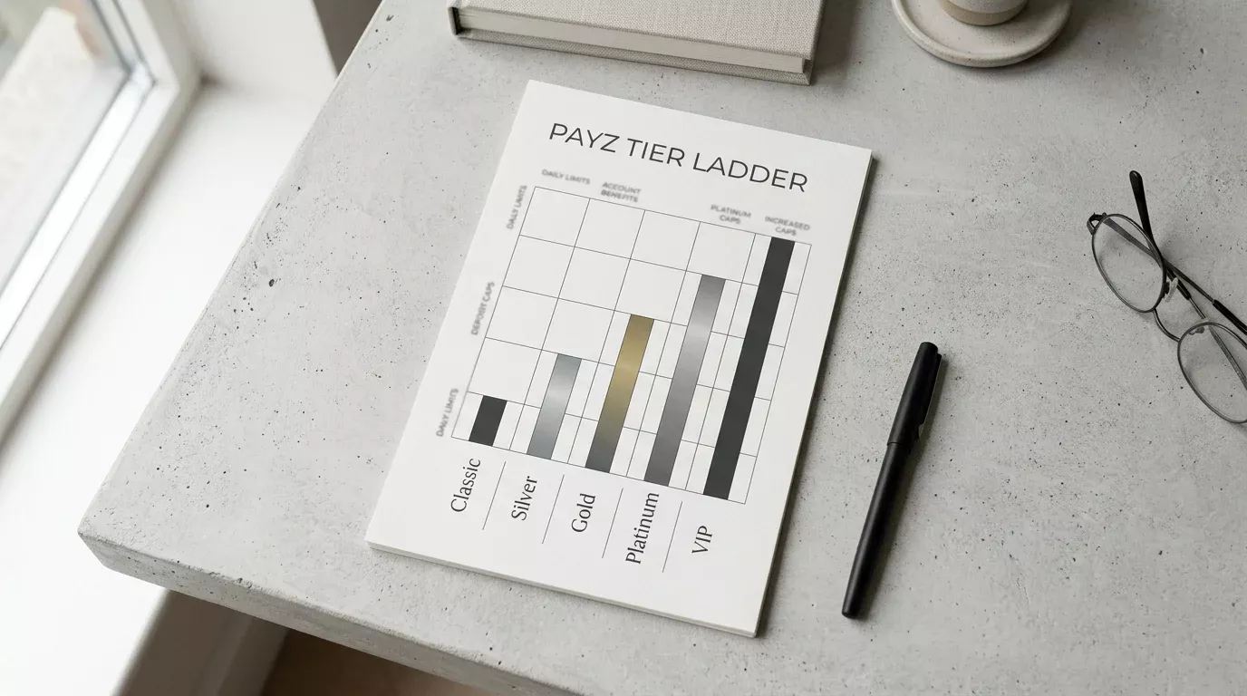 Payz tier ladder illustrating UK casino deposit minimums and per-transaction caps