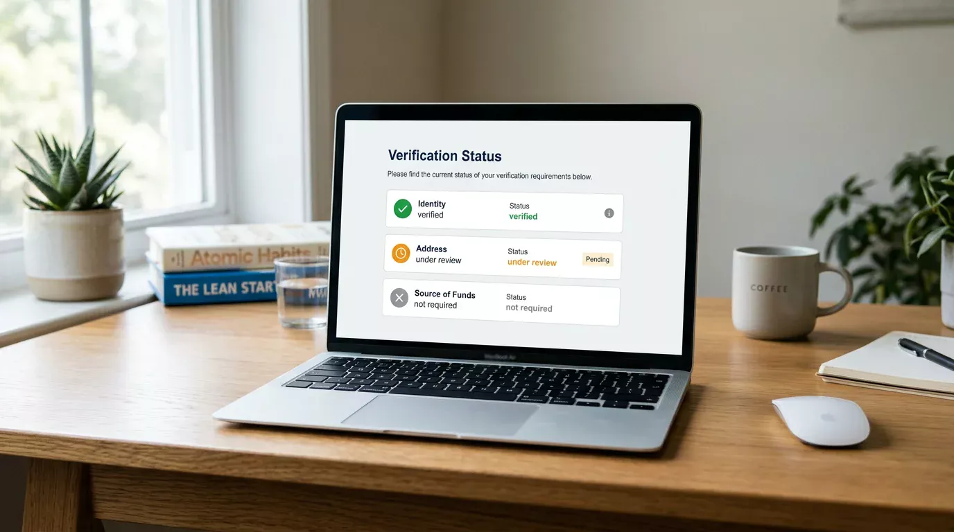 Laptop on a desk showing a Payz wallet verification status screen with documents marked as under review