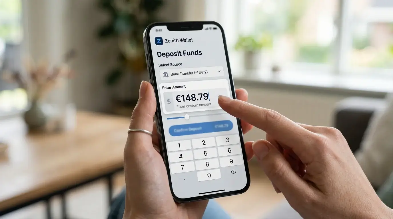 Smartphone screen showing an e-wallet deposit interface with a custom amount input field accepting non-round figures