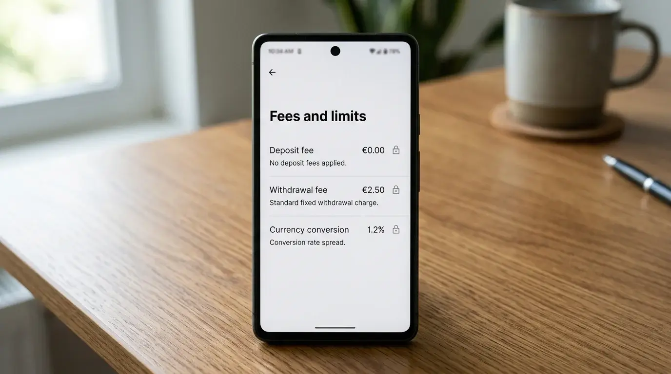 Smartphone screen showing a Payz wallet fee schedule page with deposit and withdrawal limits unchanged after the duty rise