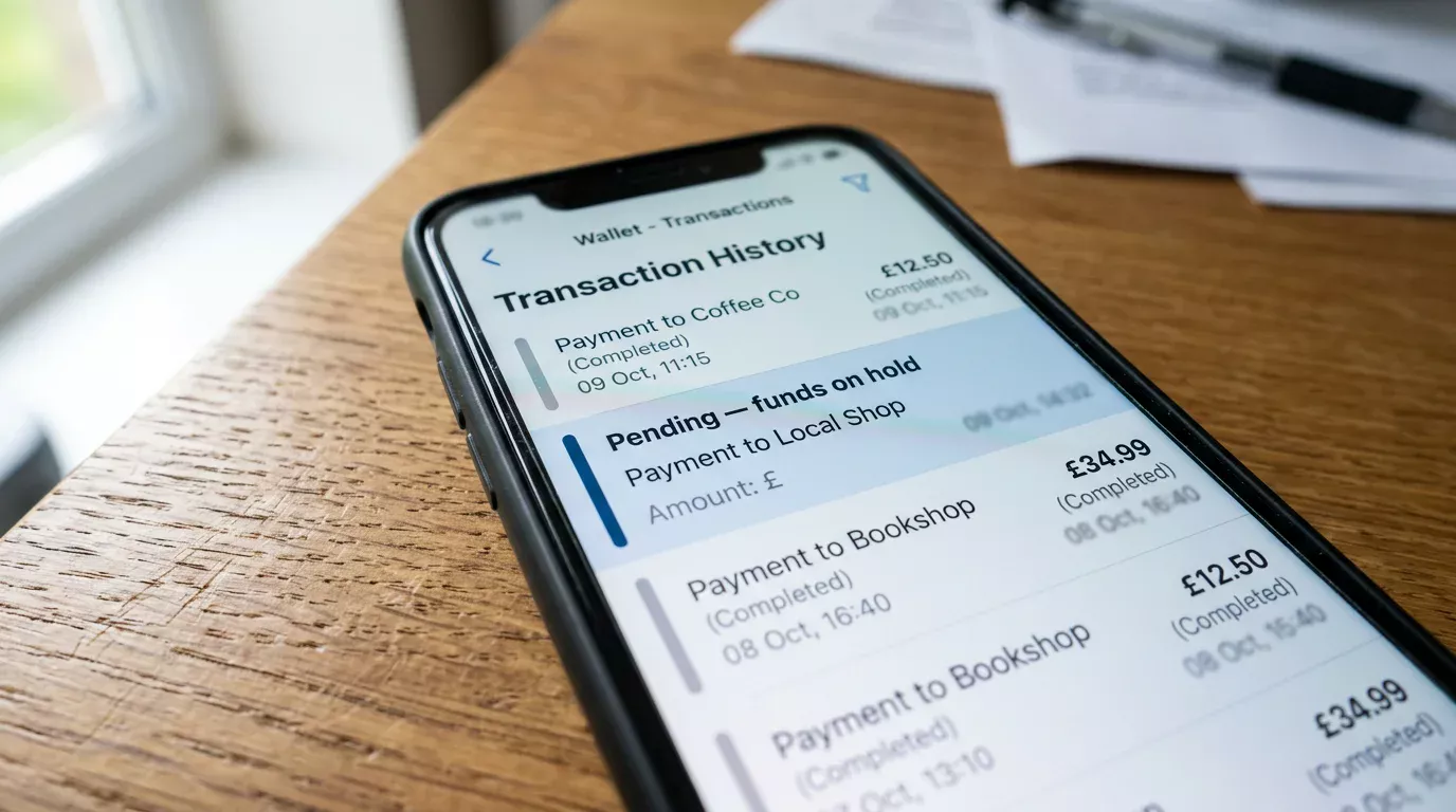 Smartphone screen showing a Payz wallet with available balance reduced by a pending transaction hold