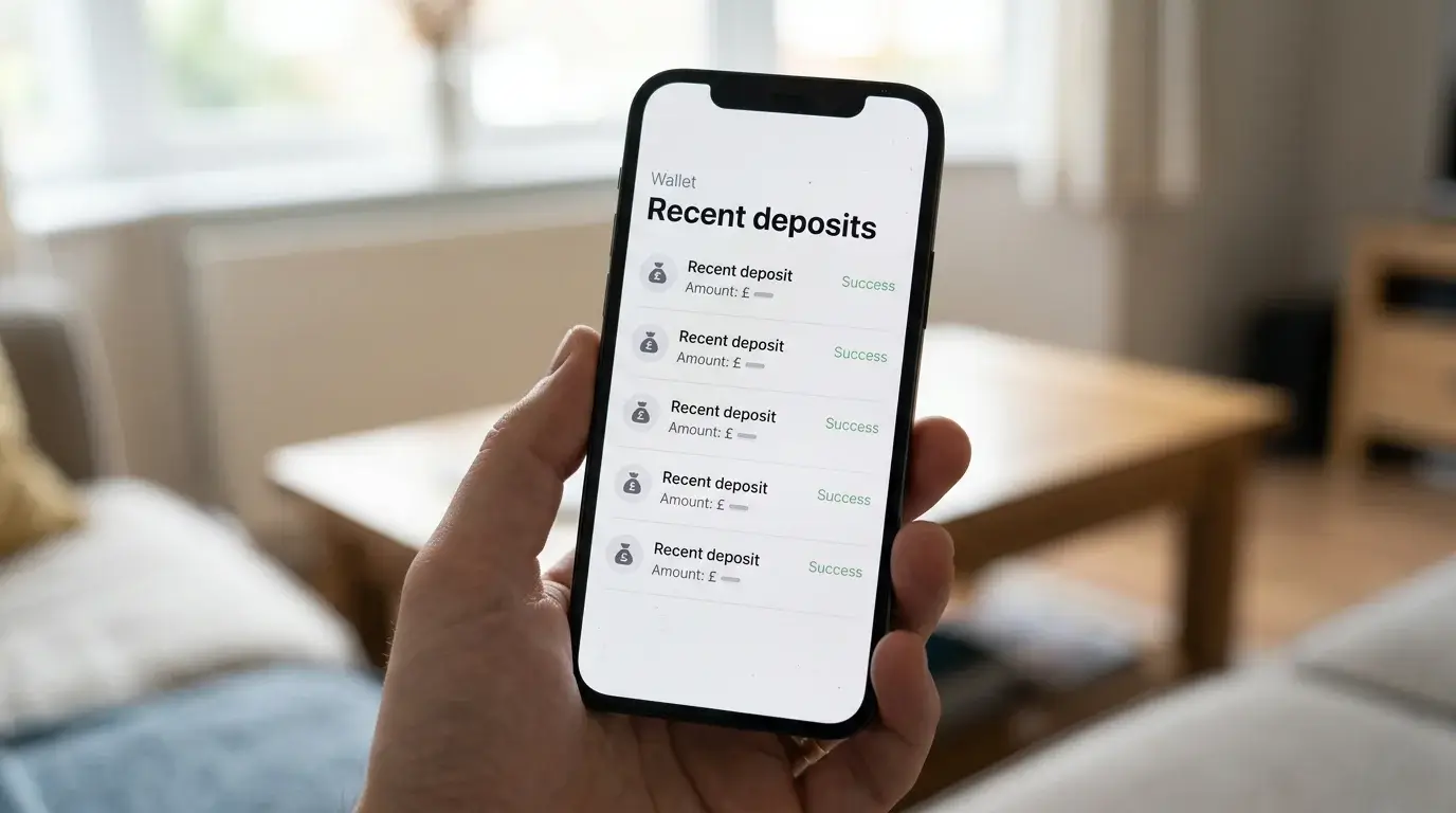 Smartphone screen showing a Payz wallet history with multiple small deposit cycles to a UK casino