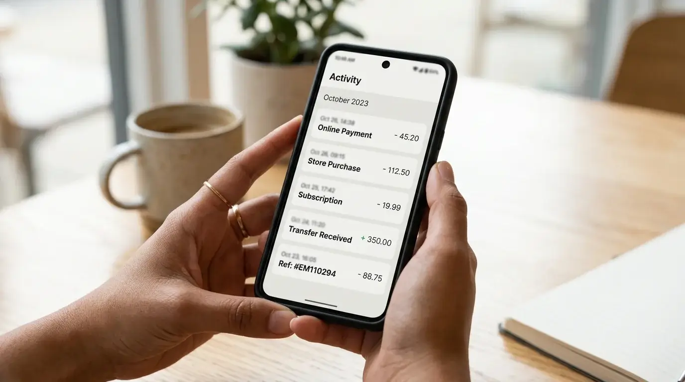 Smartphone in hand showing an e-wallet transaction history dashboard with timestamps and reference IDs