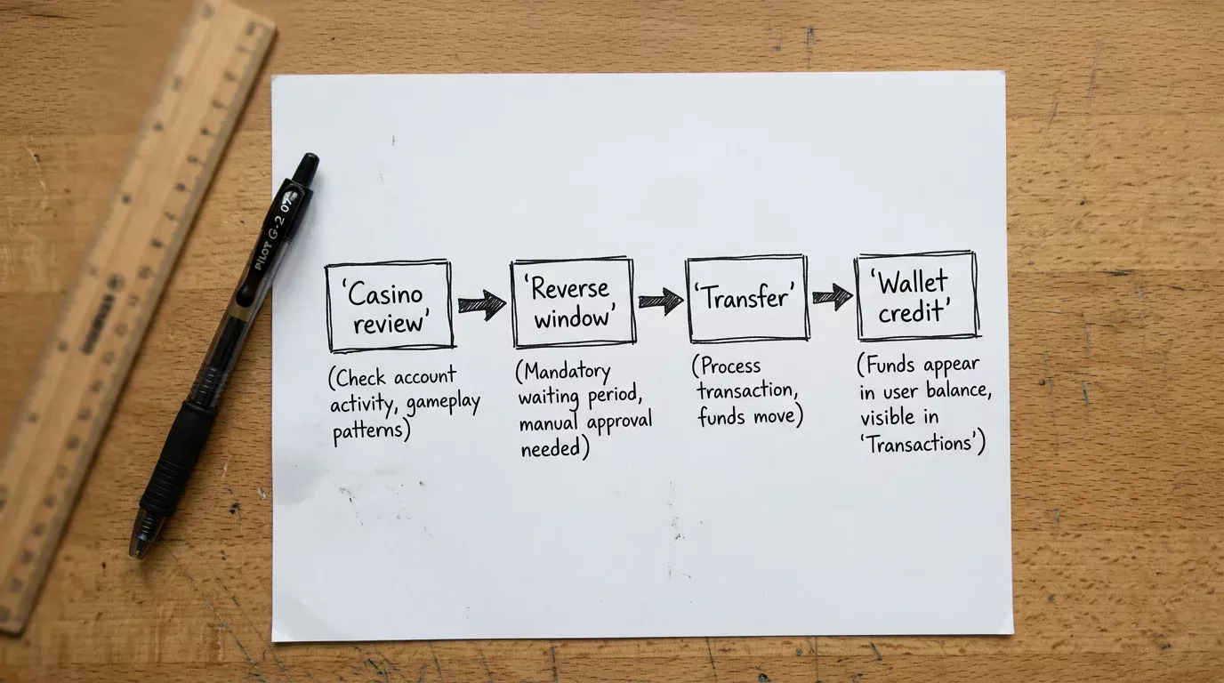 Whiteboard sketch of the four-stage UK casino withdrawal pipeline running from operator review through to wallet credit
