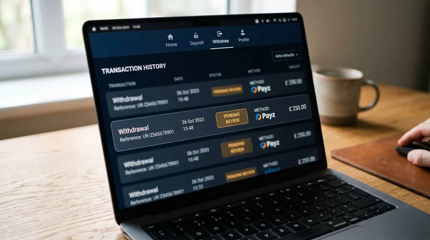 Payz withdrawal request marked as pending review in a UK casino cashier panel