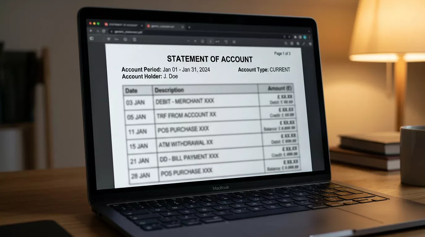Laptop showing an original bank statement PDF downloaded from an online banking portal beside a manila folder