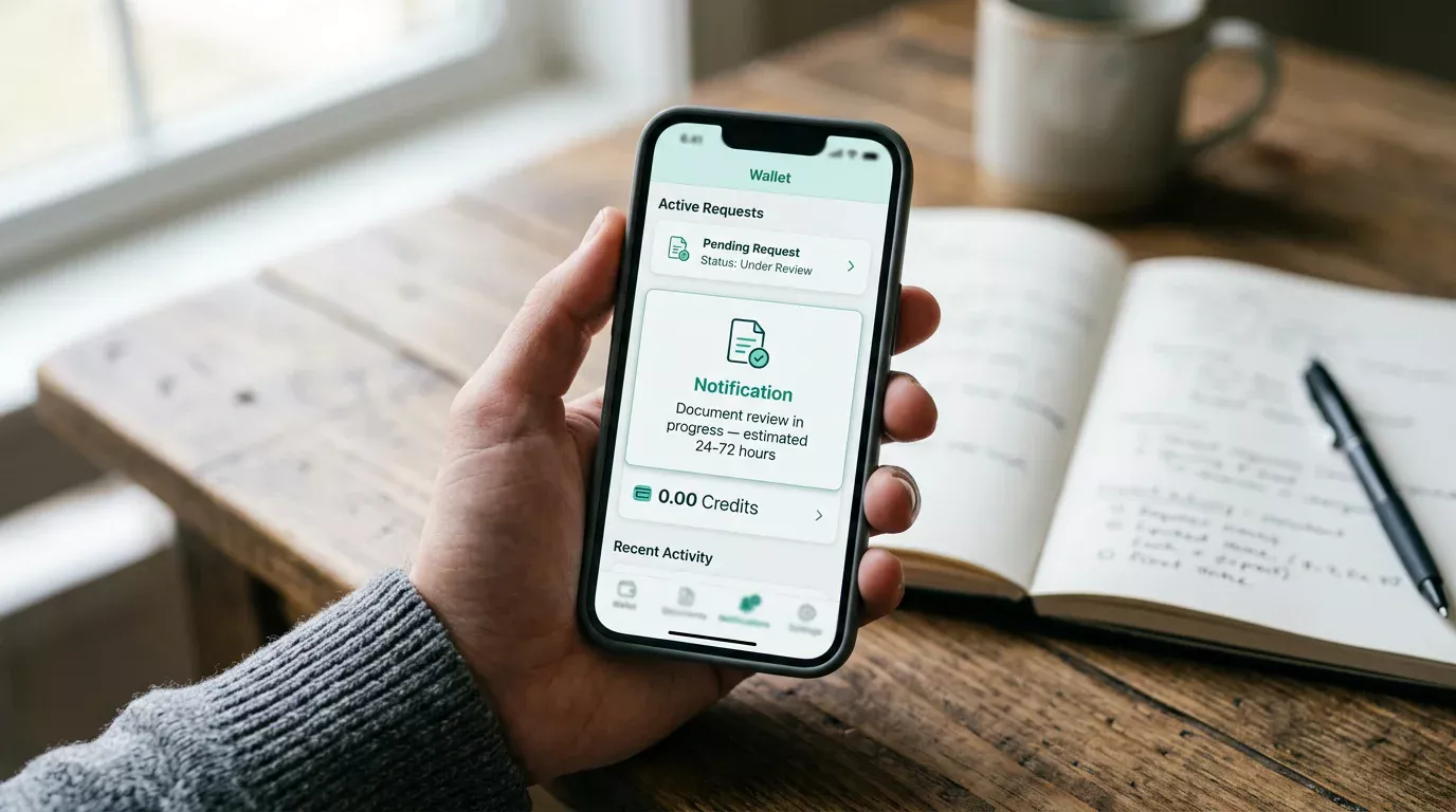 Smartphone displaying a Payz wallet notification that document review is in progress with an estimated timeline