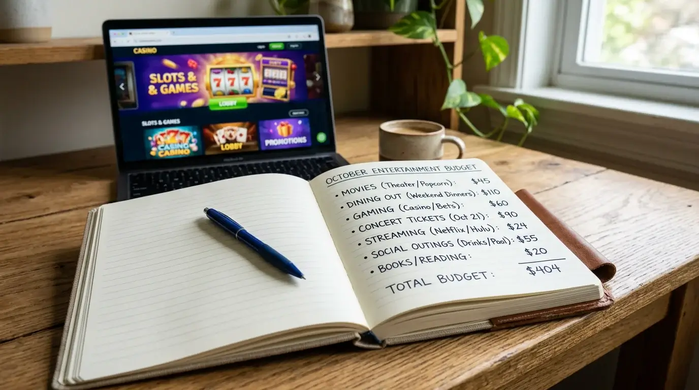 A handwritten notebook on a desk with a monthly entertainment budget plan in clear writing beside a laptop displaying a casino lobby