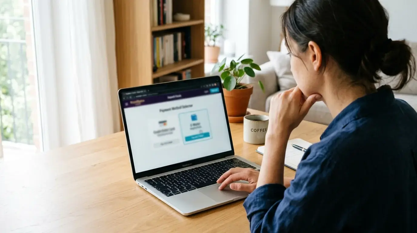 Person at a desk hovering a cursor over a casino payment method selector on a laptop, considering between two options