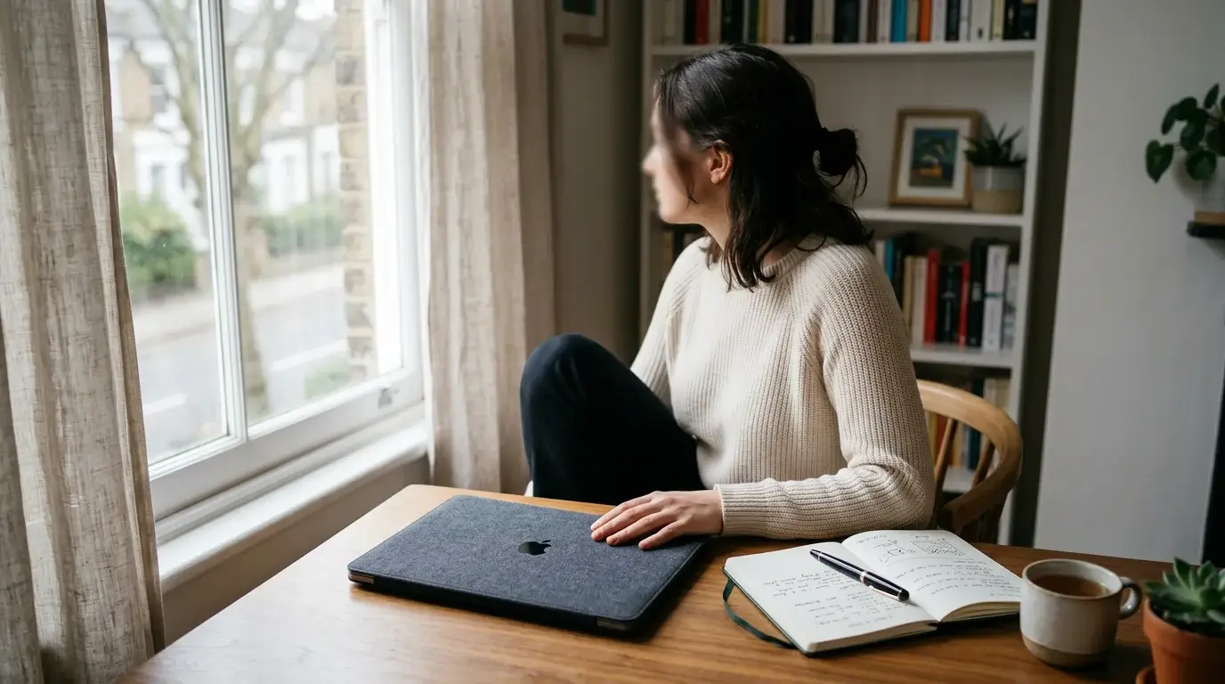 A person at a tidy home desk pausing thoughtfully in front of a laptop, soft daylight from a window