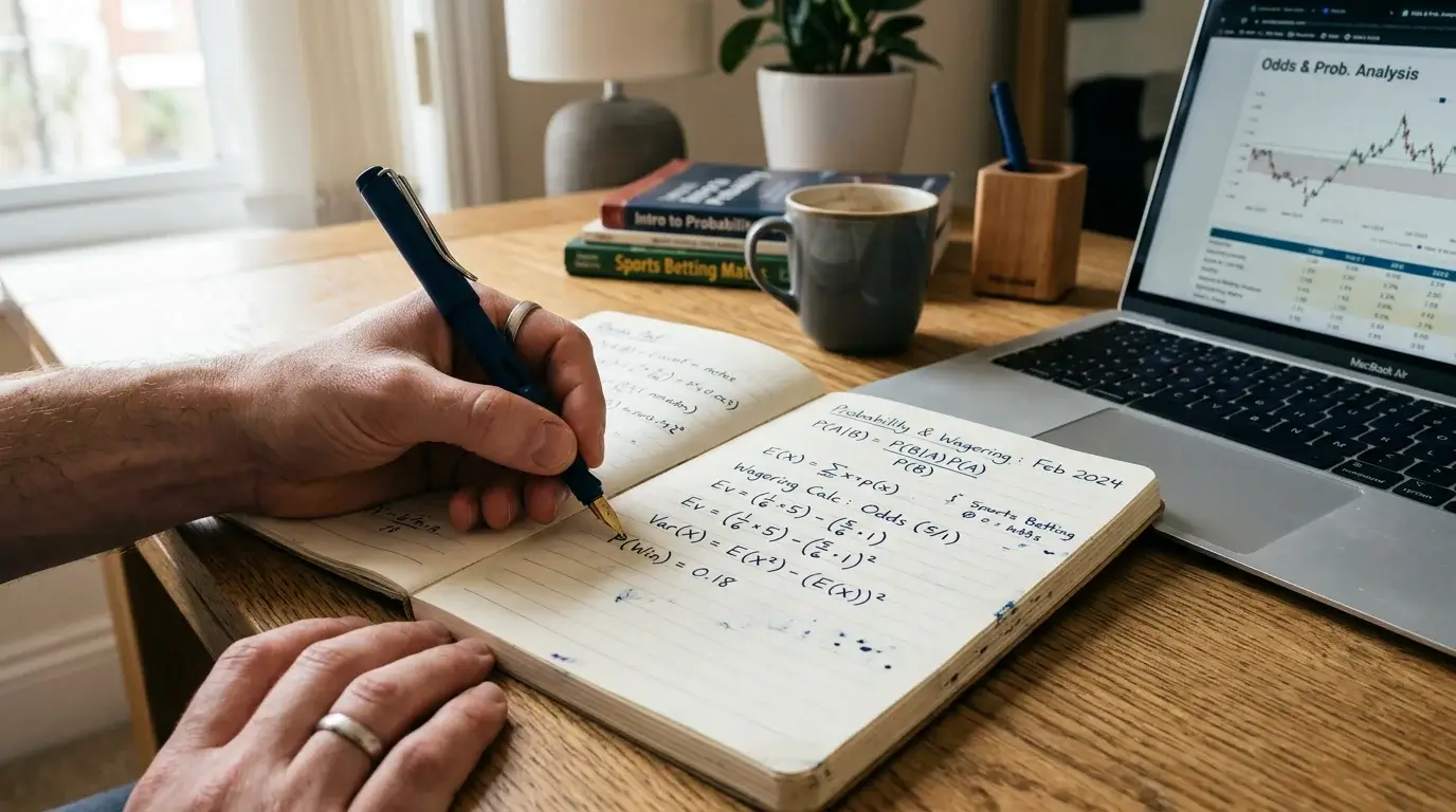 Hands writing wagering requirement maths in a paper notepad beside a laptop, no calculator visible, daylight on the page