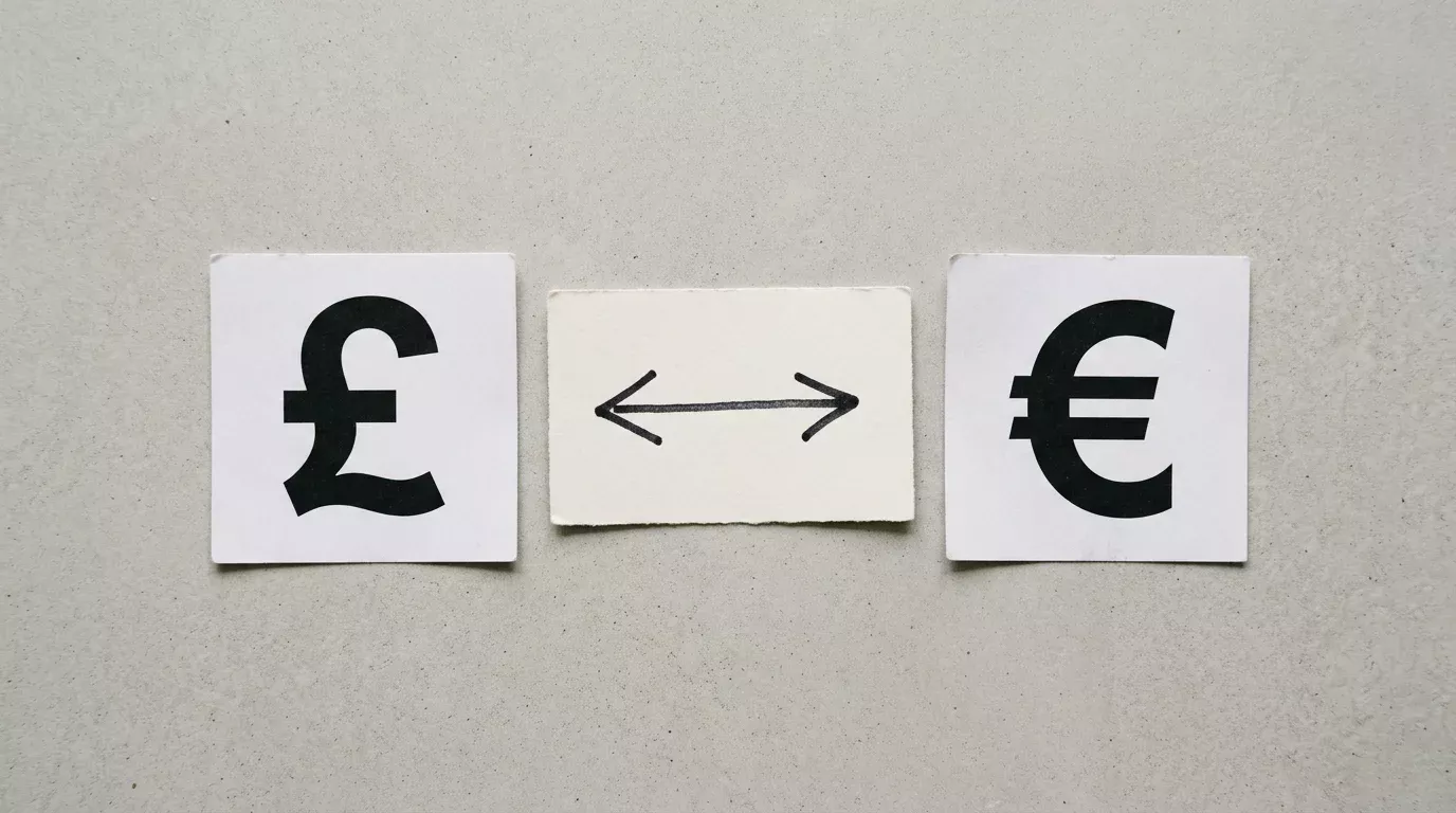 Stylised display showing pound and euro currency symbols arranged on a textured background representing exchange margins