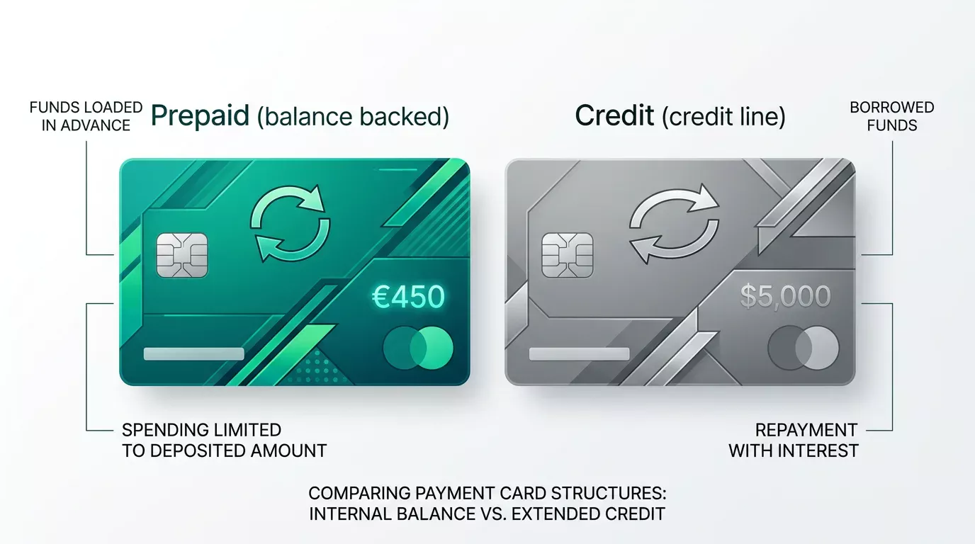Illustrated comparison panel contrasting a prepaid balance-backed card with a traditional credit line card