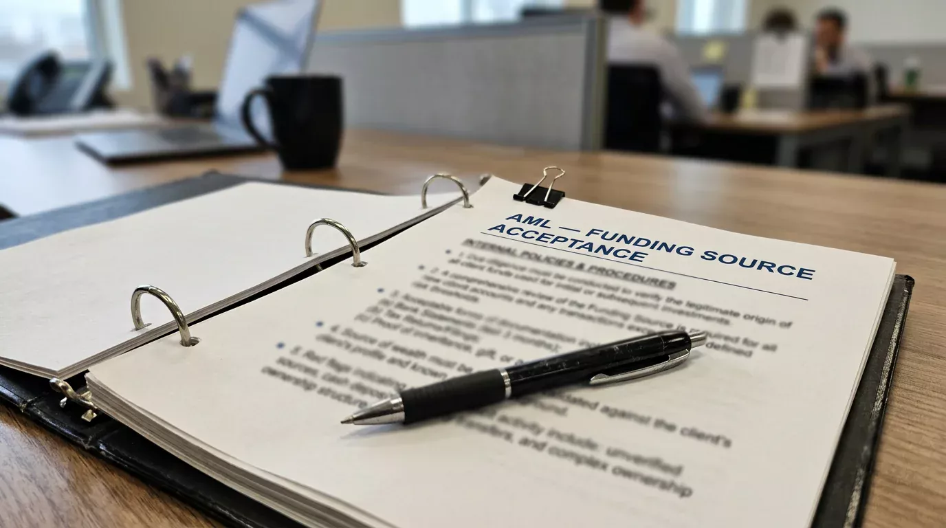Office desk with a printed PSI-Pay AML policy document and a pen, photographed under natural light