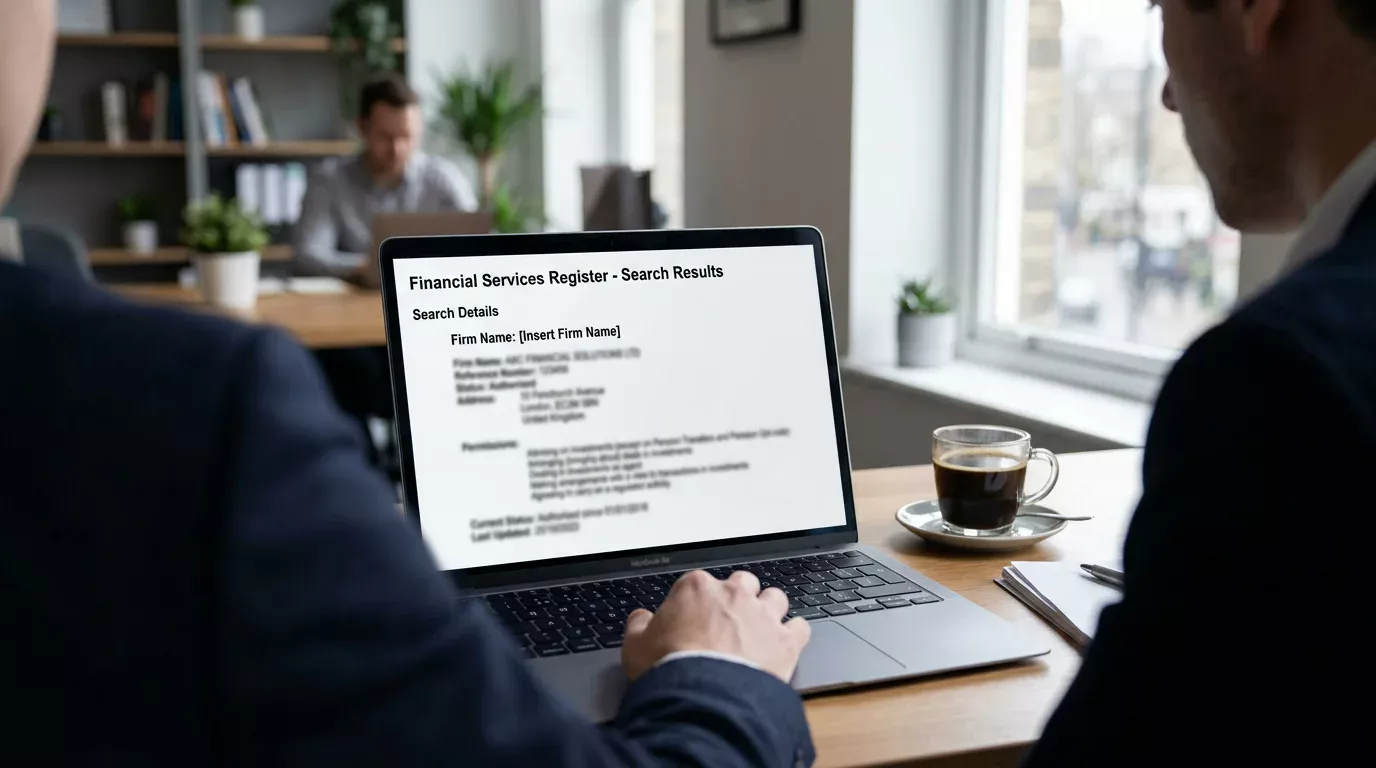 Laptop screen showing the FCA Financial Services Register entry for PSI-Pay Ltd in a clean office setting