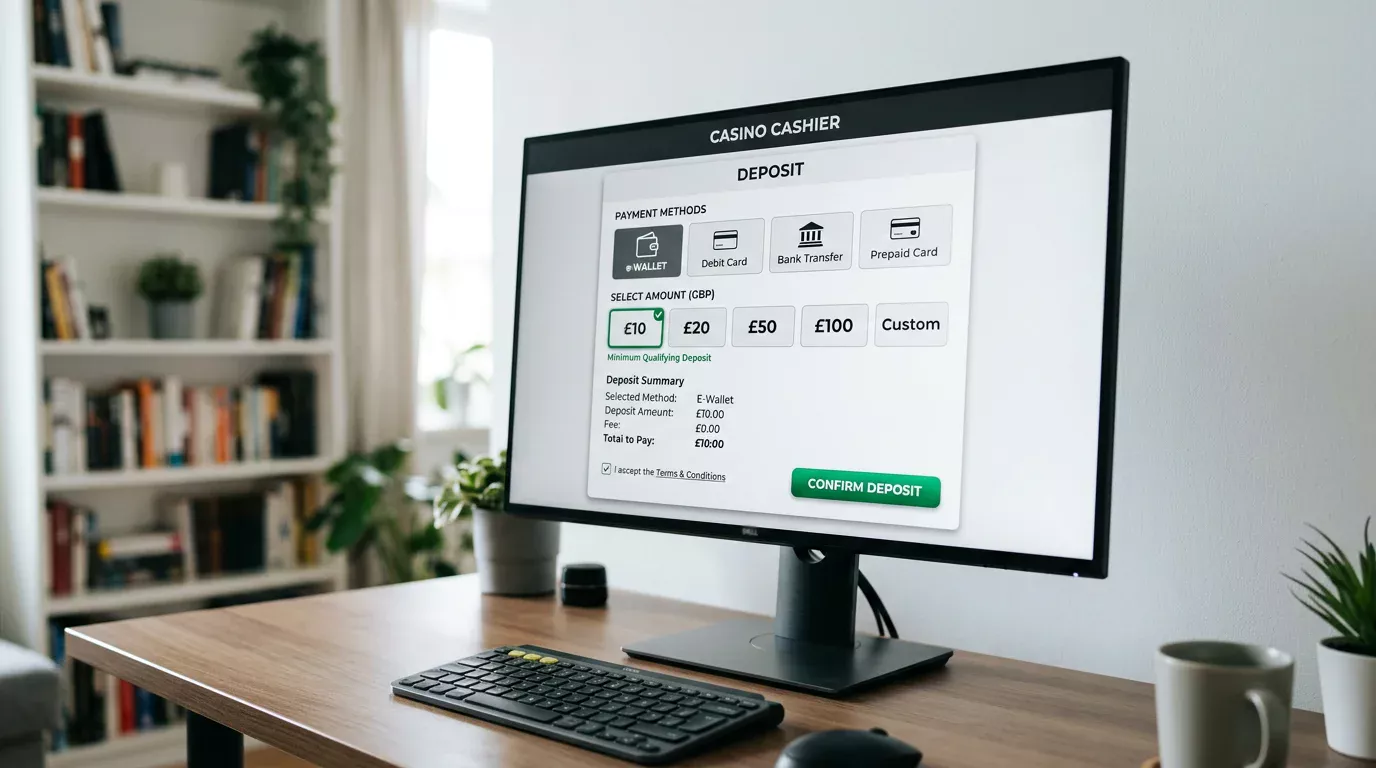 Online casino cashier showing a £10 qualifying deposit selection with Payz selected as the payment method