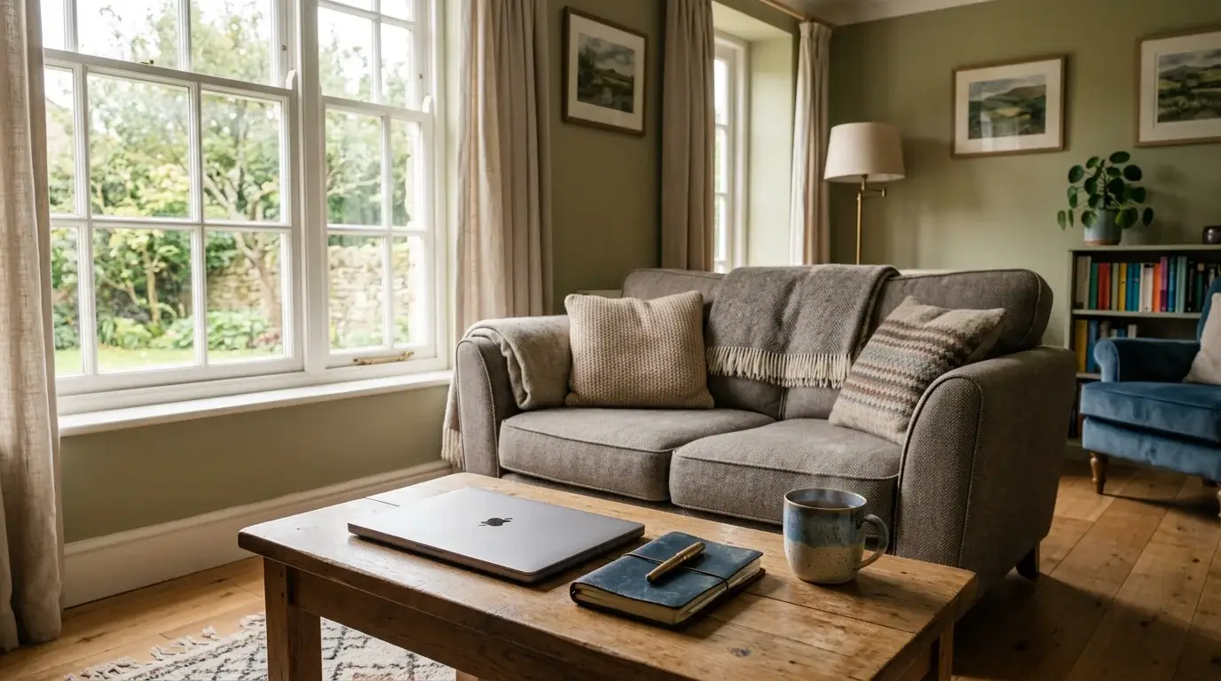 A quiet living room scene with a closed laptop on a coffee table, a notebook and a mug, soft afternoon light