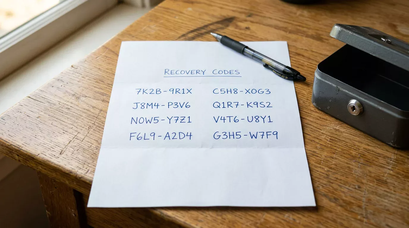 Sheet of paper with printed authentication recovery codes lying inside an opened desk drawer beside a pen