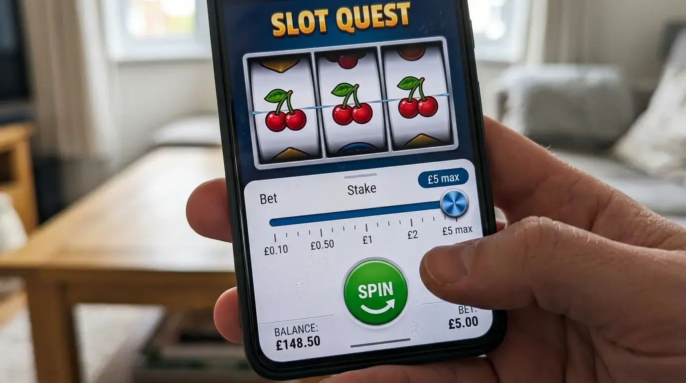 Close-up of a UK online slot game bet slider locked at the £5 maximum with the spin button below