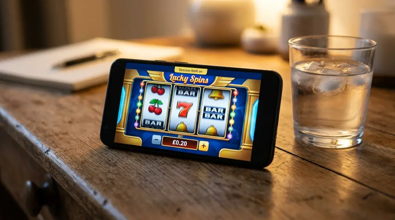 Tablet displaying a slot game session in progress with smaller stake amounts and an extended spin history on screen