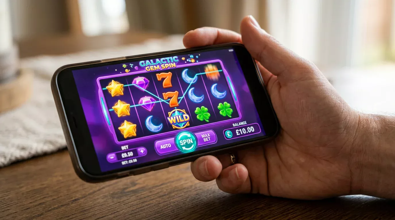 Mobile screen showing a UK slot game in mid-session with a ten-pound balance and several active paylines visible