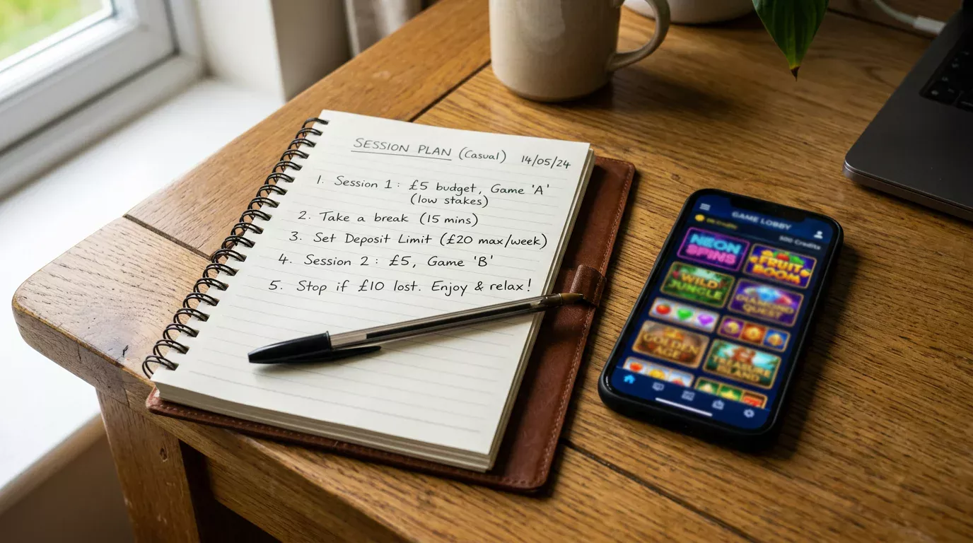 Notebook with a hand-written low-stake session plan beside a phone showing the casino lobby for a slot game