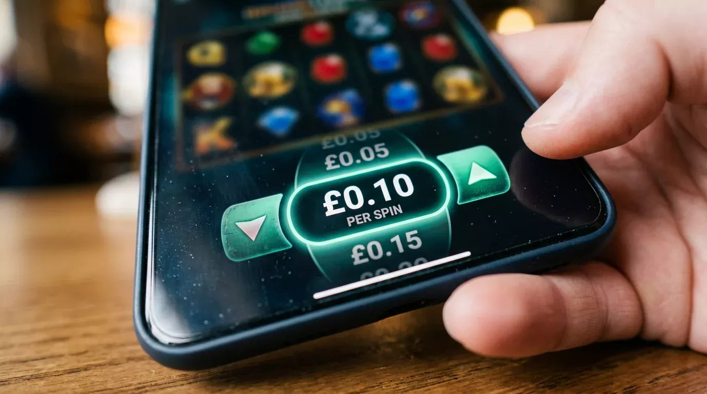 Close-up of a slot's stake selection control showing a £0.10 per-spin value highlighted at the bottom of the screen