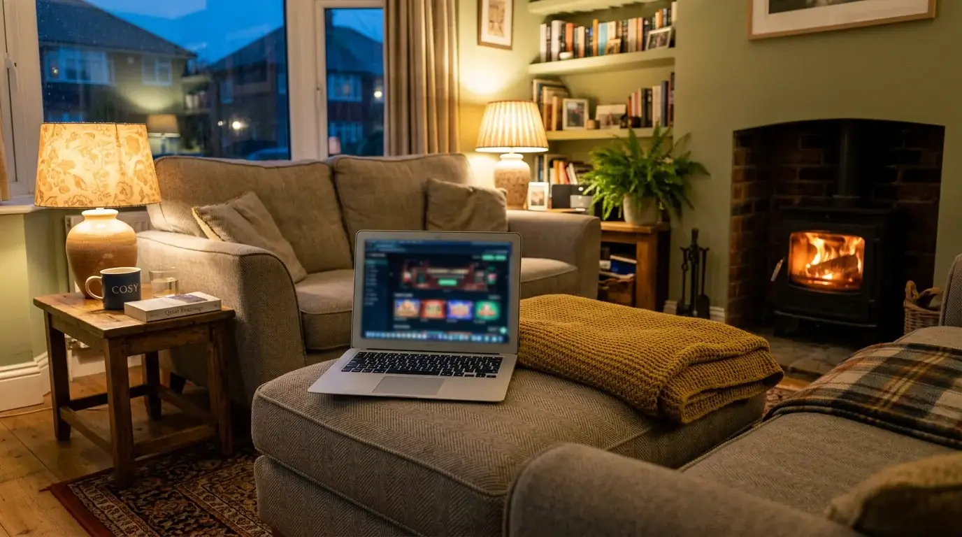 Cosy UK living room on a Sunday evening with a laptop open on the sofa and warm lamp light