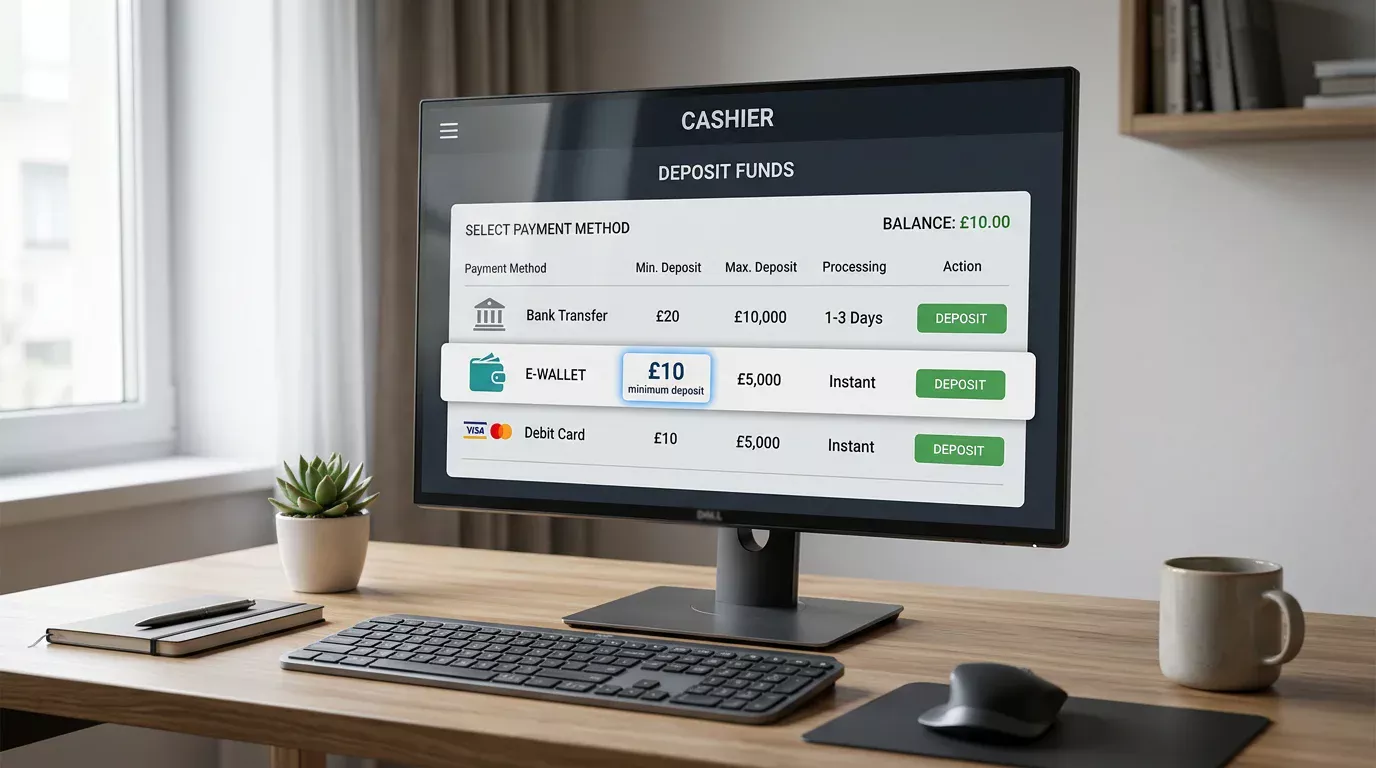 UK casino cashier interface displaying £10 as the published minimum deposit specifically for Payz on a clean white background