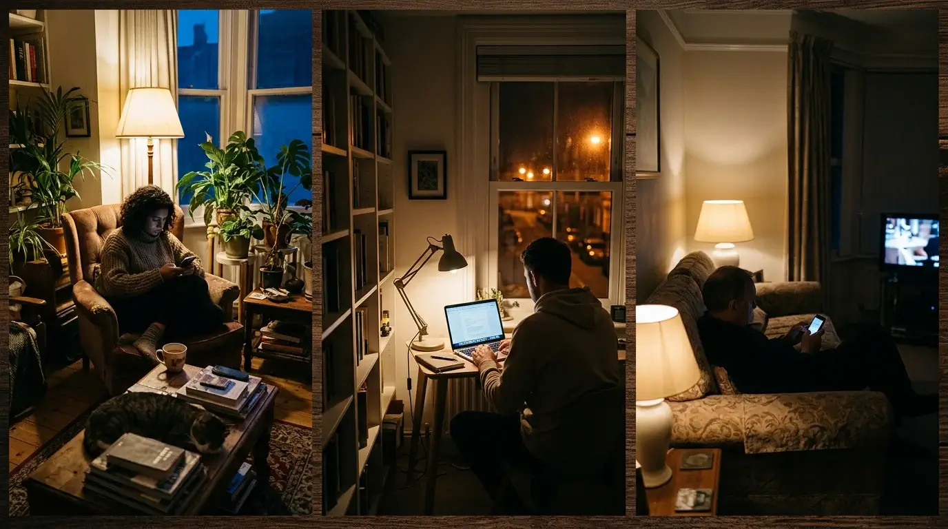 A composite scene of three relaxed UK living rooms with people enjoying their evenings, each at a different level of casual engagement with a phone or laptop